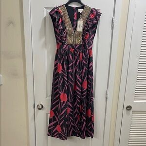 New!!Sheridan French sz medium Black and Red Floral Maxi Dress with Gold Accents